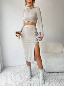 SHEIN PETITE Mock Neck Crop Tee & Split Thigh Skirt - Khaki - View 4