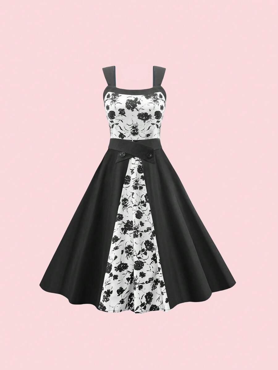 Women Ink Printing Bandeau Spaghetti Strap Patchwork High Waist Vintage Style Dress - Black and White - View 1