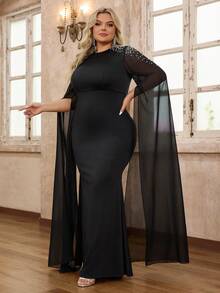 YISIKADO Women Plus Size Beaded Round Neck Cape Sleeve Elegant Party Mermaid Evening Dress - Black - View 4