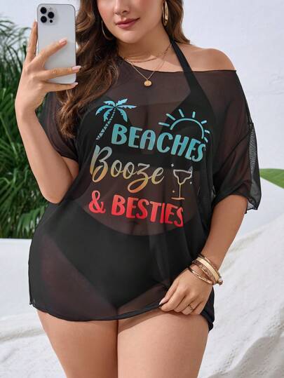 Swim Lushoire Summer Beach Plus Size Cover Up With Letter Print For Casual Or Vacation Outfit