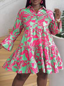 Slaydiva Plus Size Vacation & Elegant Casual Shirt Style Loose A-Line Dress With Multi-La Yer Ruffle Trims, Half-Open Neckline, Monochrome Flower Silhouettes For Spring/Summer-E - Multicolor - View 7