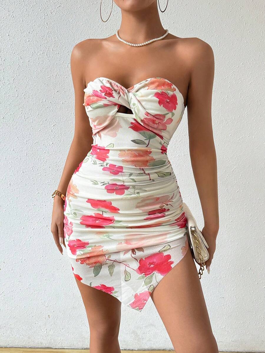 SHEIN Privé Women Floral Print Pleated Strapless Dress - Apricot - View 1