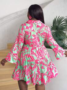 Slaydiva Plus Size Vacation & Elegant Casual Shirt Style Loose A-Line Dress With Multi-La Yer Ruffle Trims, Half-Open Neckline, Monochrome Flower Silhouettes For Spring/Summer-E - Multicolor - View 2