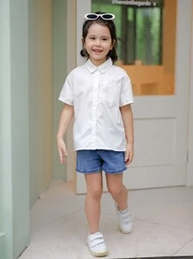 Young Girl Daily Casual Street Weave Short Sleeve Shirt Top
