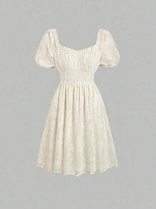 SHEIN Unity Elegant Summer Dress With Cutout Flower Design, Sweetheart Neckline, Cinched Waist And Puff Sleeves - Apricot - View 1