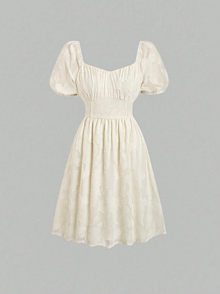 Elegant Summer Dress With Cutout Flower Design, Sweetheart Neckline, Cinched Waist And Puff Sleeves