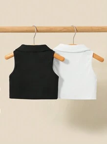 2件裝女嬰休閒針織純色無袖短版上衣，翻領設計 - 白色 - 查看 3