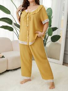 Pajama Set für große Größen mit kurzen Ärmeln und V-Ausschnitt mit Knopfverschluss, Spitzen Patchwork mit langen Hosen