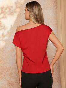 SHEIN Clasi Áo thun nữ cổ bất đối xứng màu trơn thanh lịch mùa hè - Đỏ - Xem 2