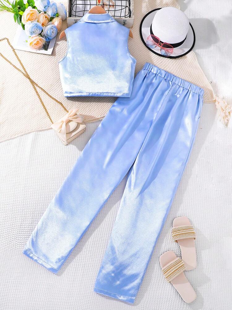 Teenage Girls' Sleeveless Lapel Neck Solid Color Suit Vest And Casual Pants Two Pieces Set