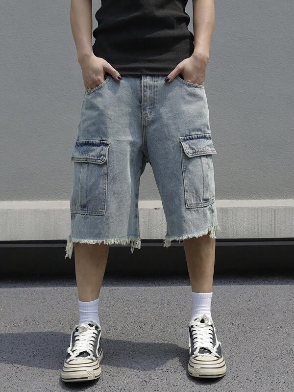 Manfinity LEGND Men's Casual Loose Fit Bermuda Shorts Jorts With Pockets And Frayed Hem Oversize Cargo Plain Light Blue Going Out Street Wear Friends