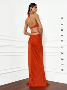 MISSGUIDED Halter Neck Bandeau Boob Top With Multi Strap Waist Mermaid Hem Maxi Skirt Co-Ord Christmas - Red - View 2