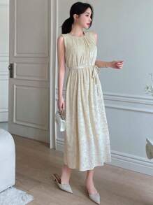 DAZY Ladies' Simple Elegant Belted Sleeveless Summer Dress Sundress Cocktail Dress - Beige - View 6
