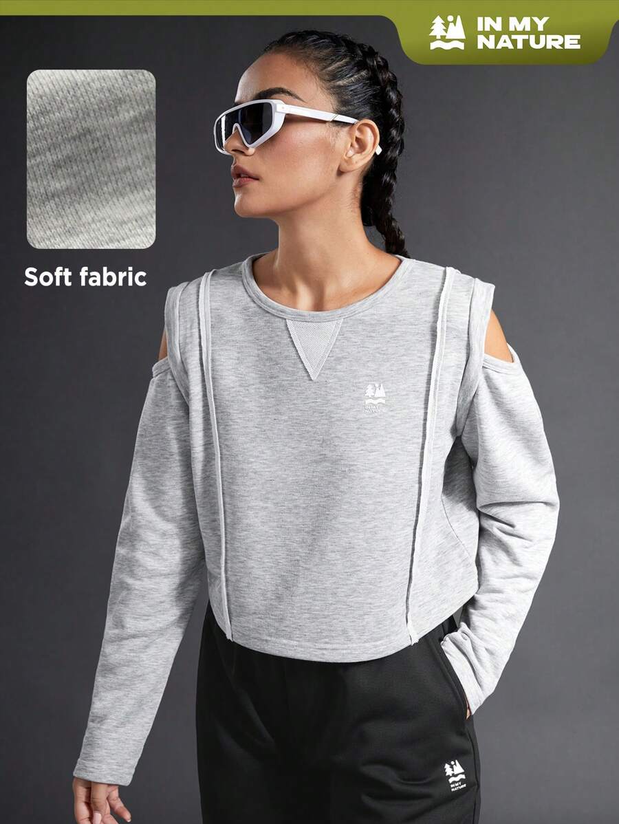 In My Nature Women's Outdoor Cold Shoulder Jogging Sweatshirt With Stitch, Stylish And Versatile - Light Grey - View 1
