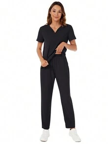 V-Neck Short Sleeve Pocket Top And Pocketed Pants Sanitary Suit Set, Scrub Set Spring Black - Black - View 7