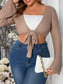Flirla Plus Size Women Solid Color Long Sleeve Waist Tie Cropped Casual Cardigan For Spring/Summer - Apricot - View 1