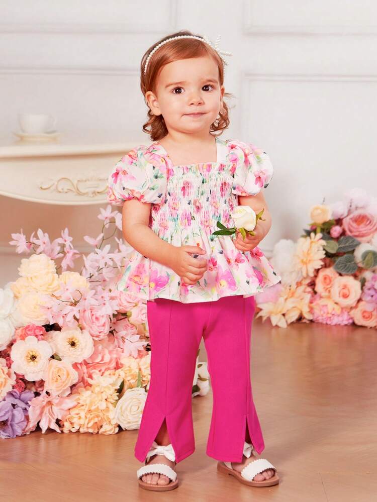 Baby Girl Vacation Style Romatic Floral Pattern Puff Short Sleeve Square Neck Top With Elastic Waist Plain Long Pants Set For Summer