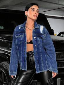 SHEIN PETITE Ripped Raw Cut Drop Shoulder Denim Jacket - Baby Blue - View 1