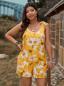 SHEIN LUNE 大码女式花卉印花度假风格宽肩带连体衣，适合夏季 - 黃色 - 查看 5