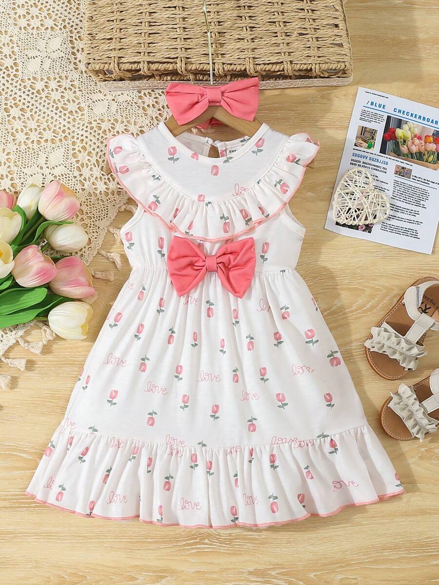 Baby Girl Cute French Style Tiny Floral Elegant Color-Blocking Bowknot Dress - Multicolor - View 1