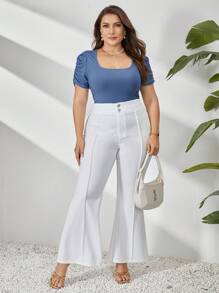 SHEIN Privé Plus Size Solid Color Ribbed Knitted Puff Sleeve T-Shirt - Dusty Blue - View 6