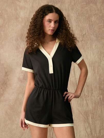 Forever 21 Bộ đồ Playsuit tay ngắn dáng rộng dáng rộng mùa hè dành cho nữ có cổ bẻ
