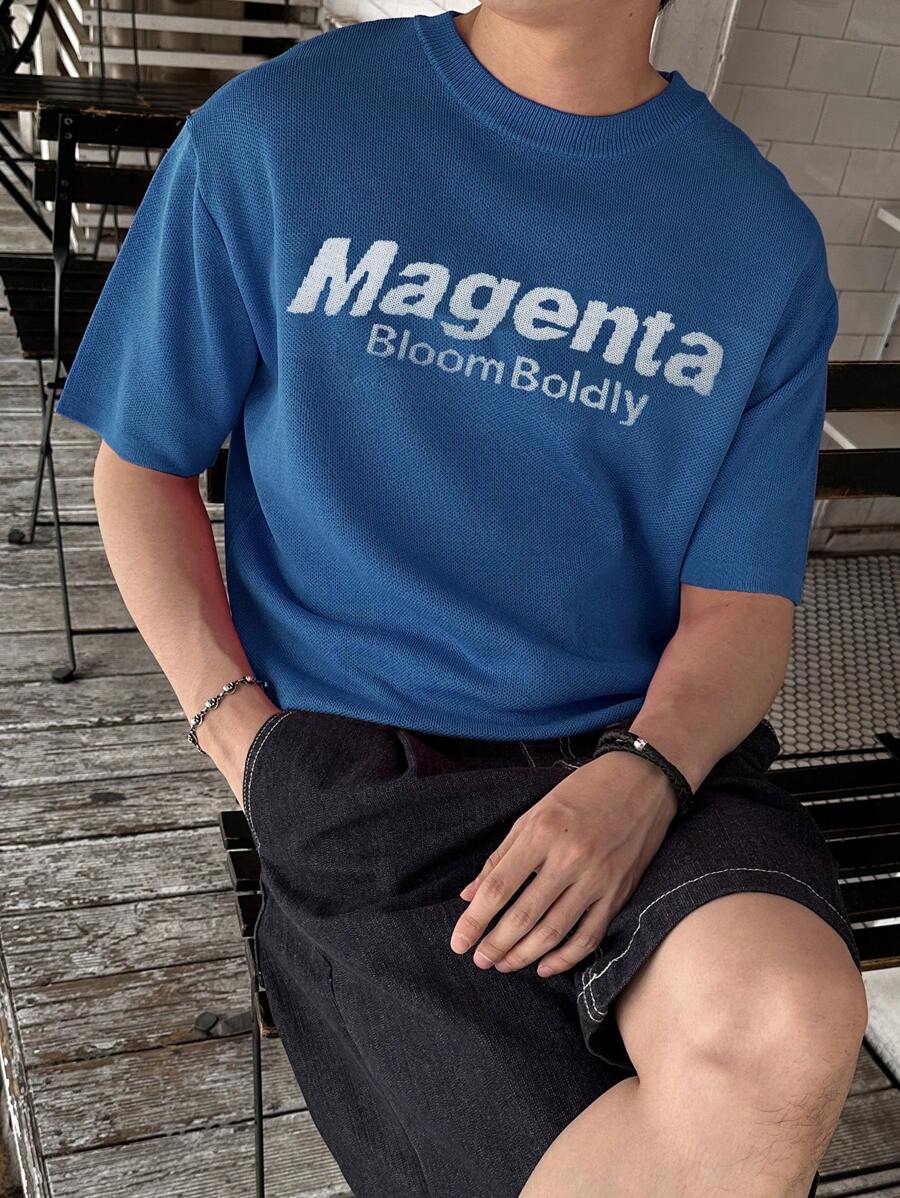 DAZY Men Summer Knitted Top With Letter Print - Blue and White - View 1