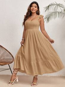 SHEIN VCAY Plus Size Women's Fashion Solid Color Ruffled Sleeve Dress - Khaki - View 4