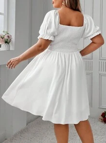 Flirla Plus Size Women Splicing Floral Jacquard Square Neck Short Puff Sleeve Drawstring Waist Wearing Rope Dress - Multicolor - View 2