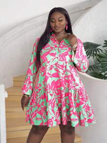 Slaydiva Plus Size Vacation & Elegant Casual Shirt Style Loose A-Line Dress With Multi-La Yer Ruffle Trims, Half-Open Neckline, Monochrome Flower Silhouettes For Spring/Summer-E - Multicolor - View 3