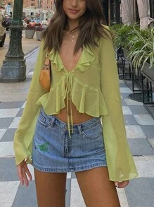 Blusa de manga larga con volantes, nudo frontal, diseño sexy para uso casual, vacaciones, fiestas y calle en primavera y verano - Verde - Ver 1