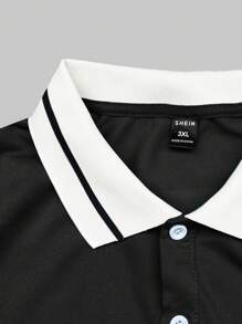 Manfinity Campus Court 男士大尺碼彩塊標語短袖Polo衫，夏季款 - 黑色 - 查看 4