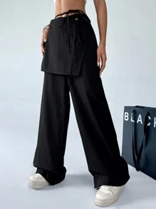 SHEIN EZwear Y2K雙層設計裙裝休閒寬褲 - 黑色 - 查看 5
