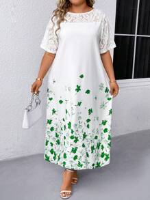 SHEIN LUNE Vestido De Encaje De Talla Grande Con Impresión De Posición De Estilo De Vacaciones - Verde - Ver 3