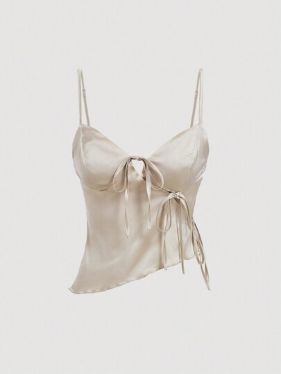 SHEIN MOD Camiseta de tirantes con lazo delantero y dobladillo asimétrico en color albaricoque para damas en verano