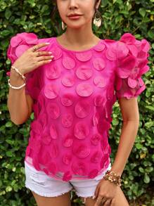 SHEIN VCAY Ngày Lễ Đồng Màu Cổ Tròn Gigot Tay Appliques Lưới Tay Trái Tim Appliques Chi Tiết Nữ Mùa Hè Áo Sơ Mi - Màu Hồng Tươi - Xem 4
