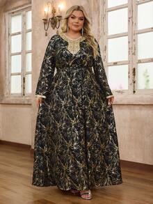 YISIKADO Plus Size Women's Arabian Printed Patch Round Neck Long Sleeve Dress