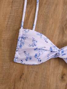 SHEIN Swim Áo bikini nữ đi biển mùa hè in hoa xoắn phía trước cho kỳ nghỉ, in ngẫu nhiên - Xanh và trắng - Xem 5