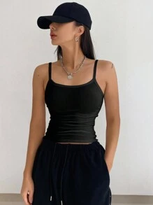 DAZY 女款夏季素色百褶修身細肩帶短版上衣 - 黑色 - 查看 4