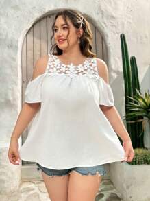 Dreamara WYWH Plus Size  Loose Fit Leisure Lace Splice Vacation Top - White - View 4