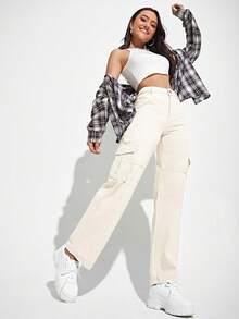 SHEIN EZwear Casual Solid Color Workwear Denim Pants - Apricot - View 2