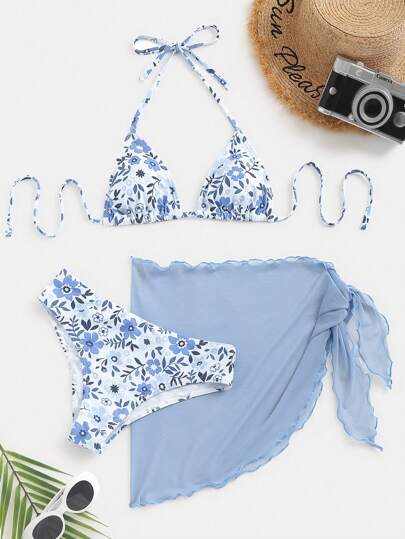 SHEIN Swim 女性夏季沙灘假期小花印花露背比基尼套裝和連身短裙