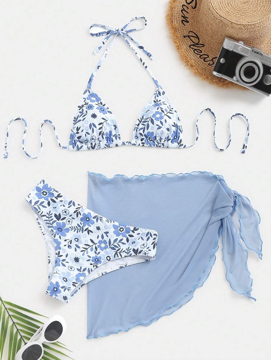 SHEIN Swim 女性夏季沙灘假期小花印花露背比基尼套裝和連身短裙 - 淺藍色 - 查看 1