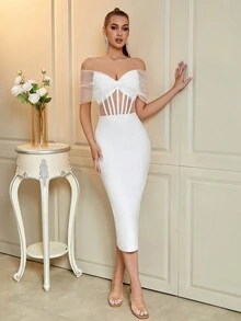 ADYCE V-Neck Mesh & Fishbone Detailed Backless Bandage Dress For Dance Party - White - View 5