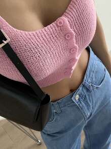 DAZY Women Knitted Plain Simple Short Sleeve Cropped Top - Pink - View 3