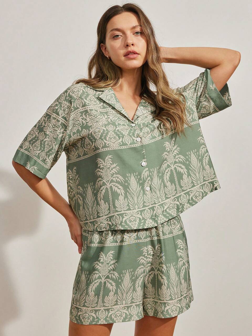 Summer Lyocell Tencel Rayon Short Tropical Print Casual Lounge Short-Sleeve Boxer Panty Airy Women Pajama Set Boho Vacay As Outerwear