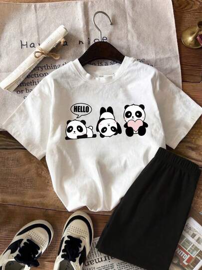 SHEIN Leap Crew Tween Girl Casual och enkel tecknad pandamönster kortärmad t-shirt och shorts som passar till sommaren