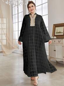 Al Najma Plus Size Elegant Long Dress With Jacquard Tape Splicing, Notch Neckline And Flared Sleeves For Spring/Summer - Black - View 4
