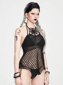 ROMWE Goth Sexy V-Neck Spider Web Crochet Knitted Top - Black - View 4