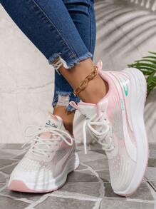 加大尺寸白色和粉色低口氣墊透氣休閒舒適運動跑步鞋，通勤女士步行鞋 - 白色 - 查看 3